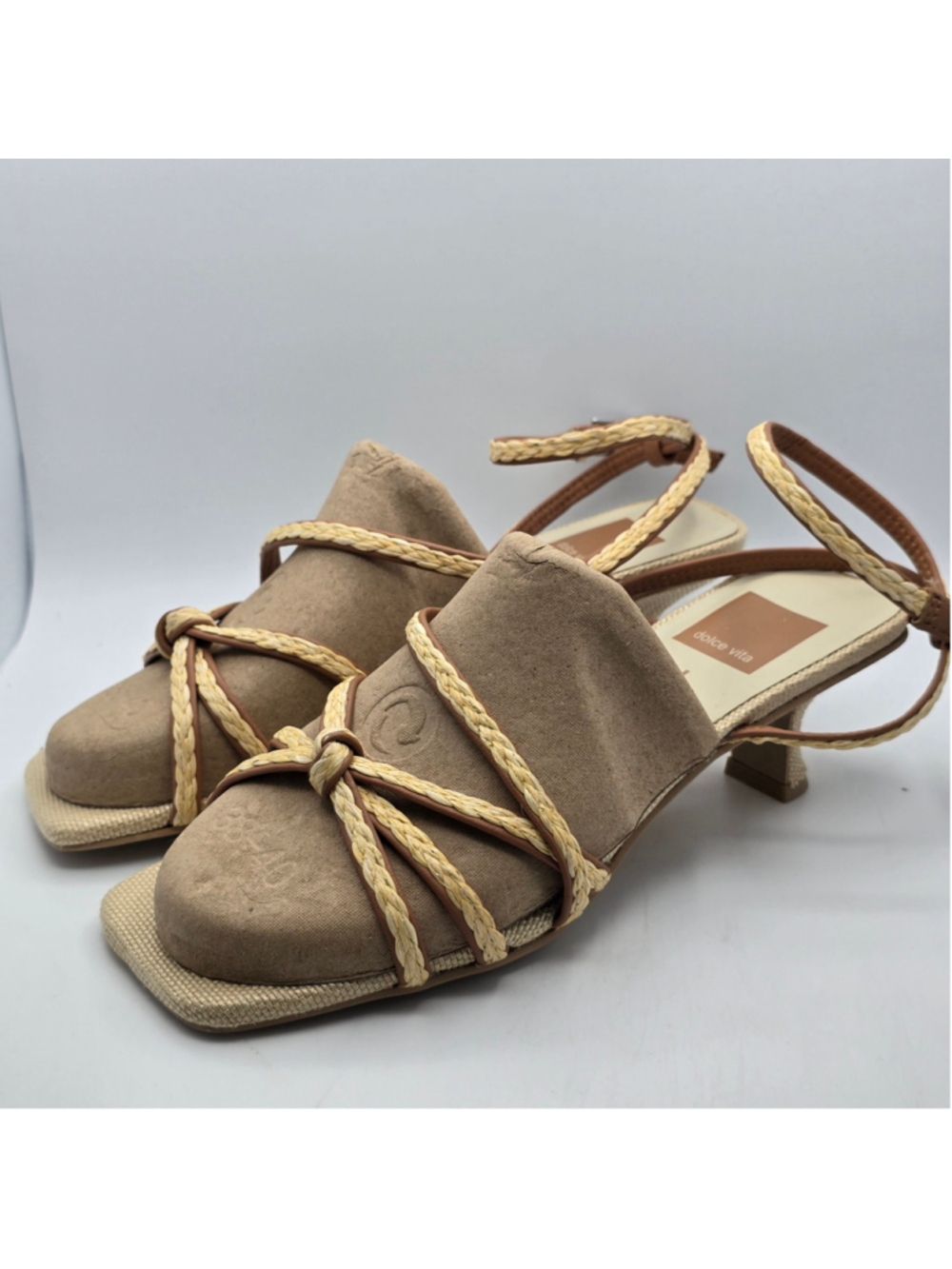 Women's Dolce Vita Beige Brown Braided Strap Kitten Heel Sandals Size 6 - Picture 3 of 5
